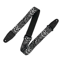 2″ Poly Calaca Series Guitar Strap with Black Leather Ends - Black and White Skull Design