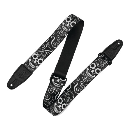 2″ Poly Calaca Series Guitar Strap with Black Leather Ends - Black and White Skull Design